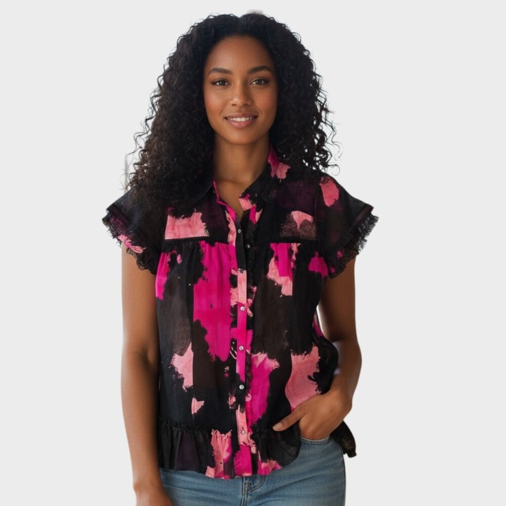 Diane von Furstenberg Annalise Women's 8 Black Pink Silk Button Front Blouse